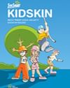 Cartoon poster of diverse kids playing at a sunny seaside dock under a blue sky, KIDSKIN.