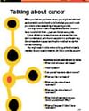 Poster featuring a yellow vertical timeline of black-and-yellow circles beside Talking about cancer