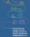 Blue poster showing teletrial logo and connected care, with a line tracing rural to urban scenes.