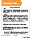 Policy document with orange header 'Example Policy', blocks of text, and a small blue-yellow logo bottom-right.
