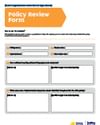 Policy Review Form template with an orange header tag, a blue bar, and blank input fields.