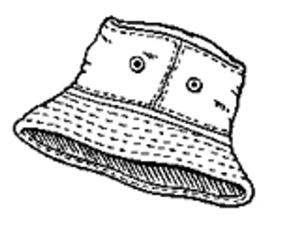 Line drawing of a bucket hat with a stitched crown and downward-curving brim.