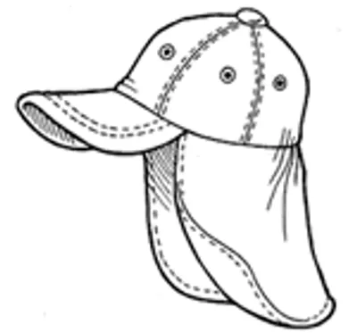 Line drawing of a cap with a protective neck flap and a curved brim.
