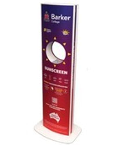 Tall freestanding sunscreen display with purple top and red lower panels on a white base.
