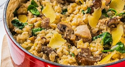 A red oven-proof pot containing a chicken and mushroom risotto