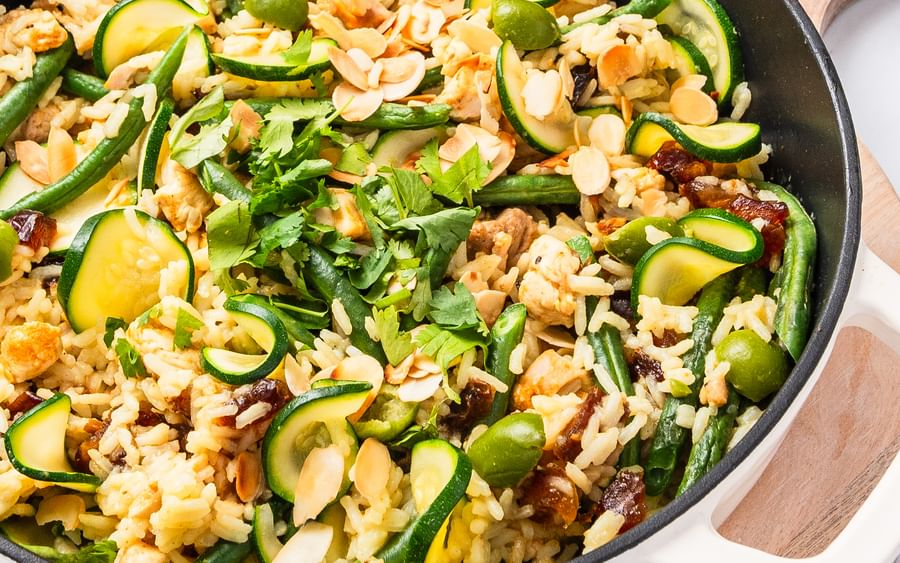 A one-pot chicken and rice dish with Moroccan seasoning