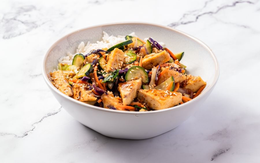 A stir-fry made using teriyaki flavours and tofu