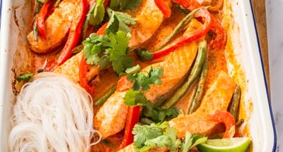 A salmon tray bake with Thai coconut curry flavours