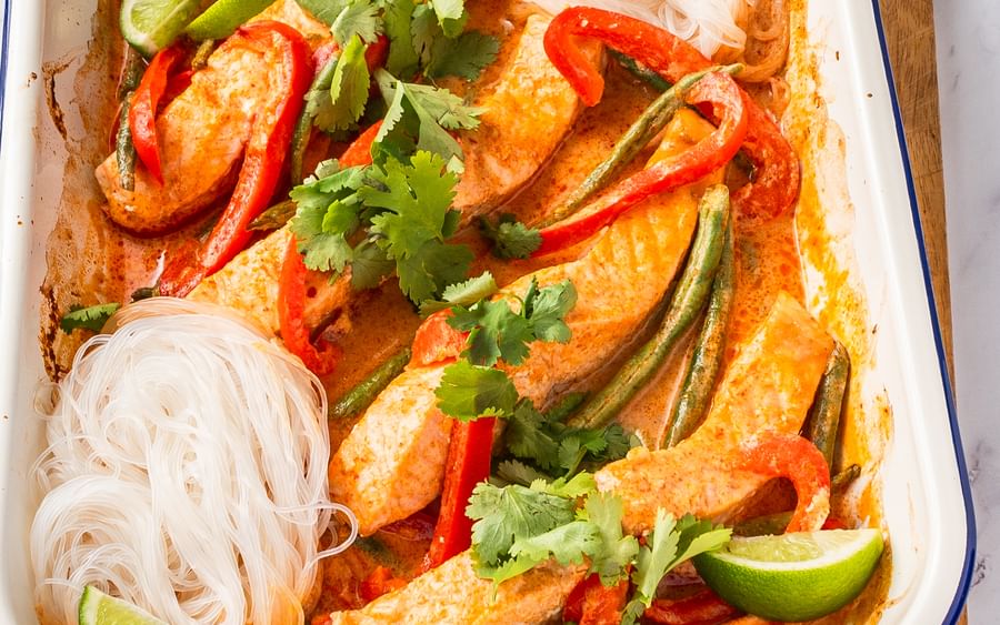 A salmon tray bake with Thai coconut curry flavours