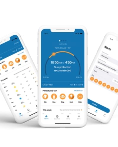 Three white smartphones tilted, displaying a blue app interface with sun protection and alerts.