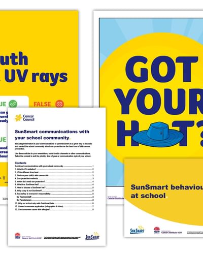 Bright SunSmart posters about UV rays and hat use, plus a cartoon girl in blue.