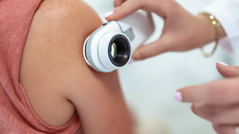 A hand holds a dermatoscope to the shoulder of a patient during a routine skin check.