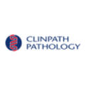 Clinpath Pathology logo featuring a circular red-blue emblem to the left of blue text.