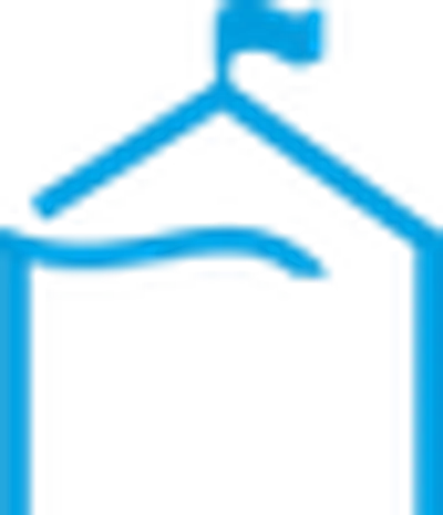 Blue outline of a house-like shape above a green square on a transparent background.